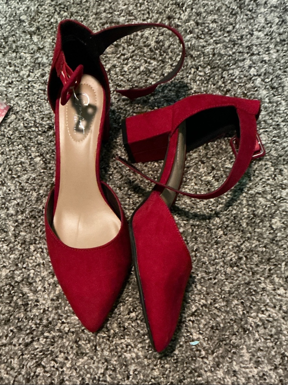 Pointed Red Block Heel Ankle-Strap Pumps